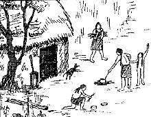 Illustration of Native American village scene.