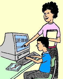 illustration of a teacher and student at a computer