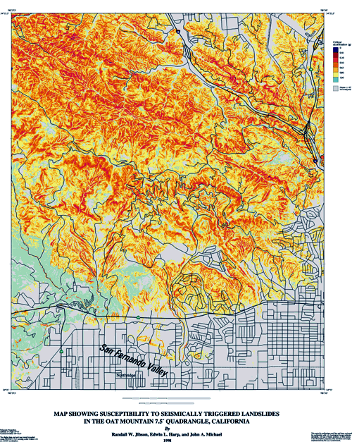 Map showing susceptibility to seismically triggered landslides in the Oat Mountain.