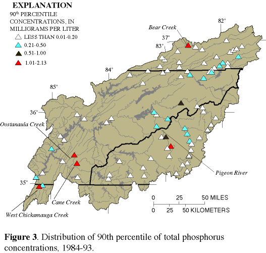 Map showing distribution of 90th percentile of total phosphorus concentrations, 1984-93
