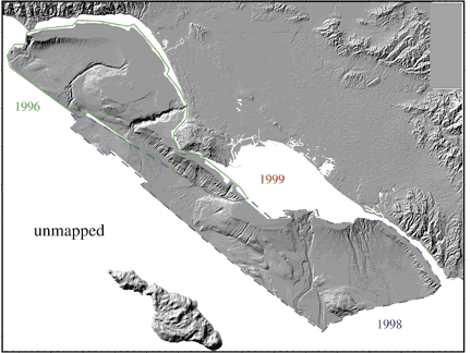 Areas mapped in 1996 (Santa Monica Bay), 1998 (Long Beach to Newport Beach slope) and this survey (Long Beach shelf)