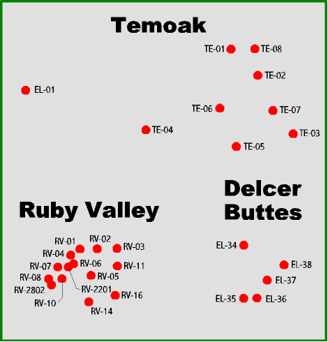 Temoak, Ruby Valley, Delcer Buttes well location map