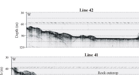 Figure 12. Sidescan sonar image from Las Vegas Bay showing the low-backscatter sediment cover in the narrow valley floor and the high-backscatter signature from the rock faces adjacent to the floor.