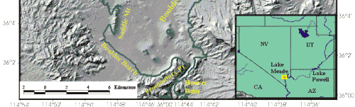 Figure 1. Location map showing the morphology of the western part of Lake Mead and the surrounding area.