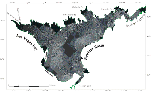 Figure 4. Sidescan sonar mosaic of the Boulder Basin and Las Vegas Bay parts of Lake Mead