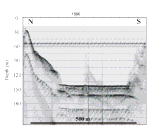 Figure 8.  Sidescan sonar image showing the steep, smooth  rock walls in the Narrows with the post-impoundment sediment lapping up against these cliffs.