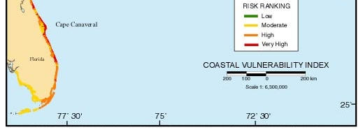 Figure 1. Map of the Coastal Vulnerability Index (CVI) for the U.S. Atlantic Coast. The CVI shows the relative vulnerability of the coast to changes due to future rise in sea-level.