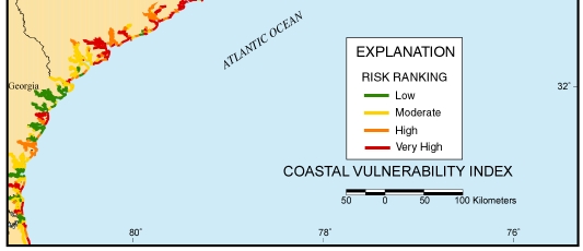 Figure 8. Map of the Coastal Vulnerability Index (CVI) for the North Carolina to Georgia region