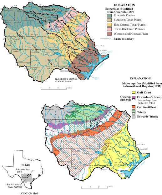 Figure 1. Surface-water basins, ecoregions, and major 
aquifers of the South-Central Texas study unit, Texas