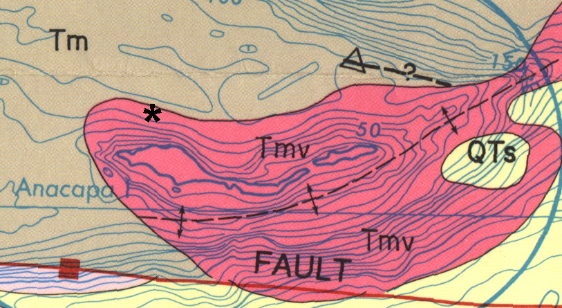 Figure 4. Portion of geologic map in the area of Anacapa Island from Vedder et al. (1986). Asterisk indicates location of rocks in figure 3. Location of Santa Cruz Island Fault shown in red. Tm indicates undifferentiated sedimentary bedrock of Miocene age. Tmv indicates volcanic bedrock of Miocene age.