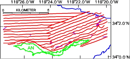 Tracklines for sidescan data collected in the area north of Anacapa Island in 1998 in red. Bottom camera tracklines are in purple. Anacapa Island coastline is in green, 100 m depth contour in blue