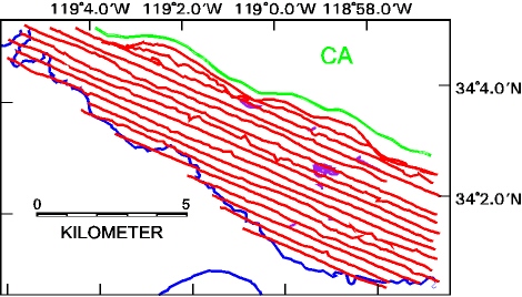 Figure 2. Tracklines for sidescan data collected in the Little Sycamore Reserve area in 1998 in red. Bottom camera tracklines in purple. Coastline is in green, 100 m depth contour in blue.