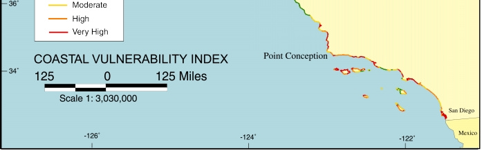 Map of the Coastal Vulnerability Index (C.V.I.) for the U.S. Pacific coast