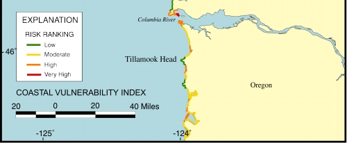 Figure 4. Map of the Coastal Vulnerability Index for the open ocean coast of southwestern Washington and northwestern Oregon