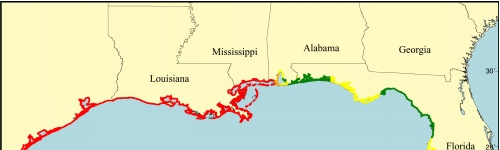 Figure 7. Map of the relative sea level rise variable for the U.S. Gulf of Mexico coast.