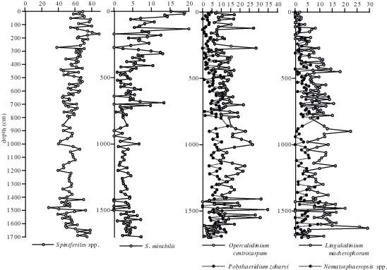 <TD WIDTH="707">
Figure 8.1.  Holocene variability in Chesapeake Bay dinoflagellate cysts from Marion-Dufresne core MD 99-2209