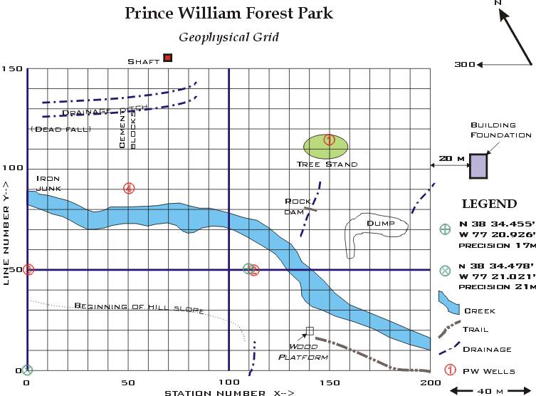  Geophysical survey grid, Prince William Forest site. Compare with subsequent figures. 