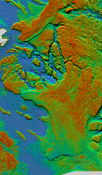 Reduced-size copy of the backscatter image with topography (color indicates backscatter, shading indicates topography) 351x599 pixels, 32-bit RGB true color, 120 kbytes.