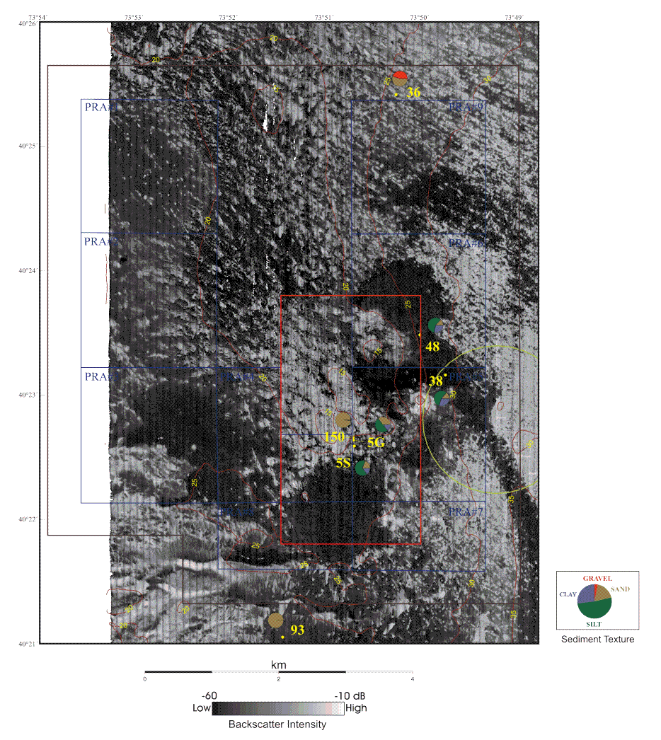 Figure 5b. Backscatter Intensity, Topography, and Sediment Texture:  Backscatter intensity and depth contours displayed at 5 meter  intervals for the 1996 survey. 