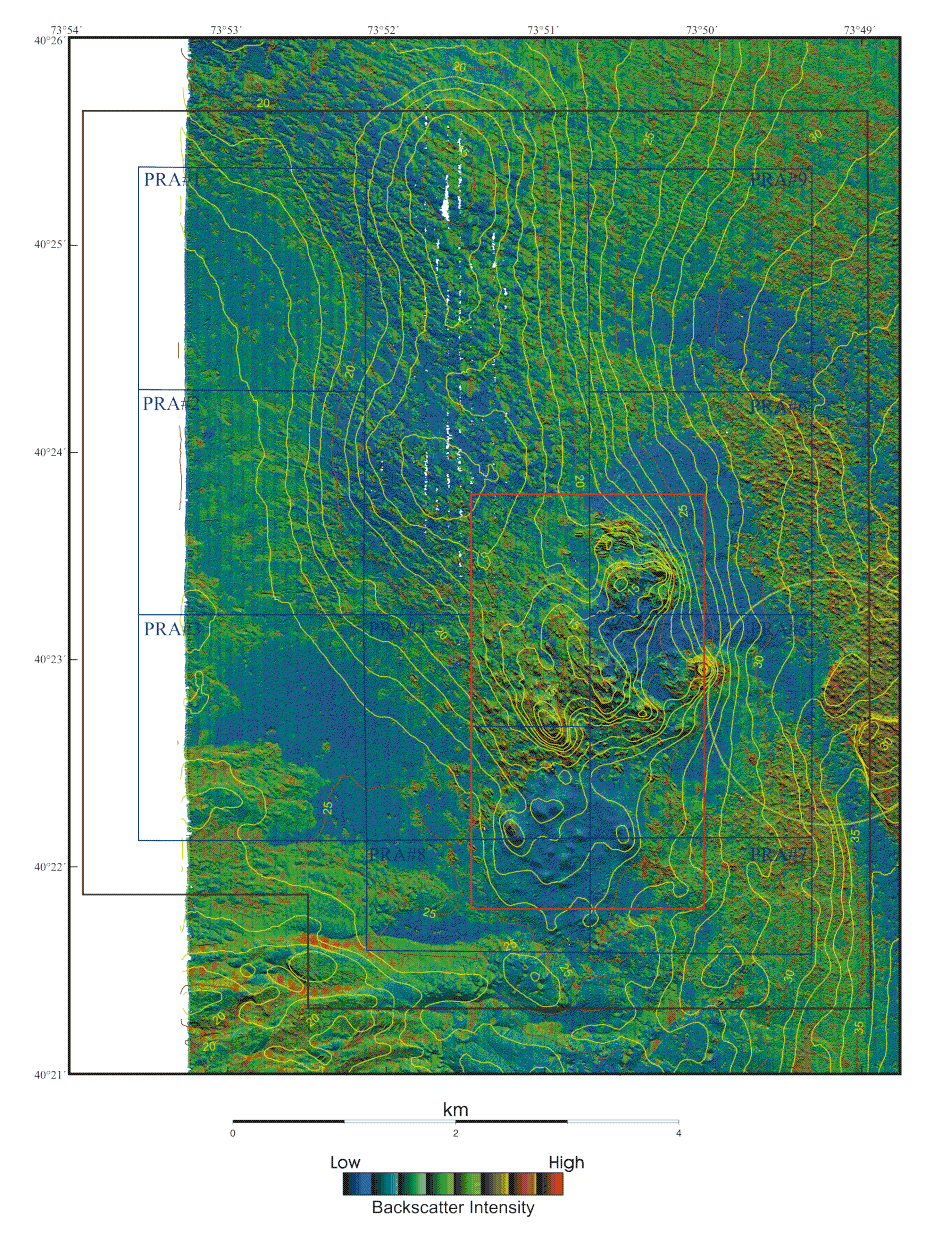 Figure 5c. Pseudo-colored Backscatter Intensity, Shaded Relief and Topography: Shaded relief draped with pseudo-colored backscatter intensity and depth contours displayed at 1 meter intervals for the 1996 survey.  