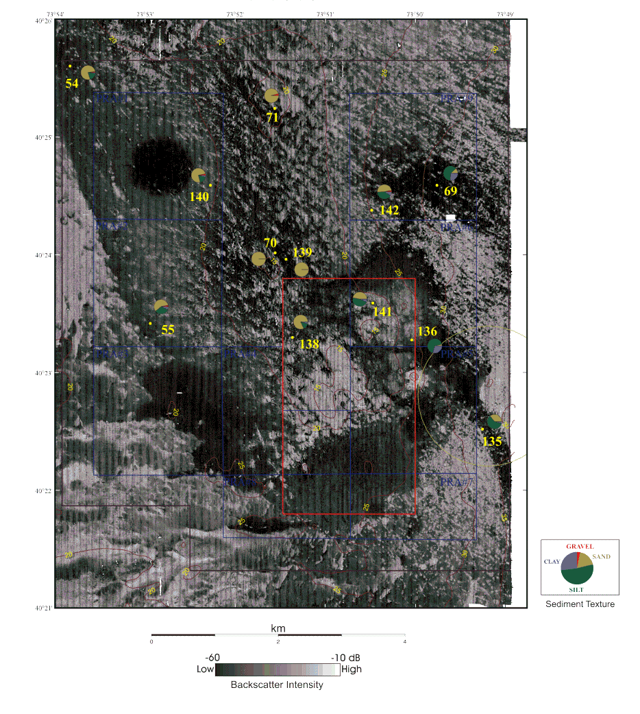 Figure 6b. Backscatter Intensity, Topography and Sediment Texture: Backscatter intensity and depth contours displayed at 5 m intervals for the 1998 survey. 