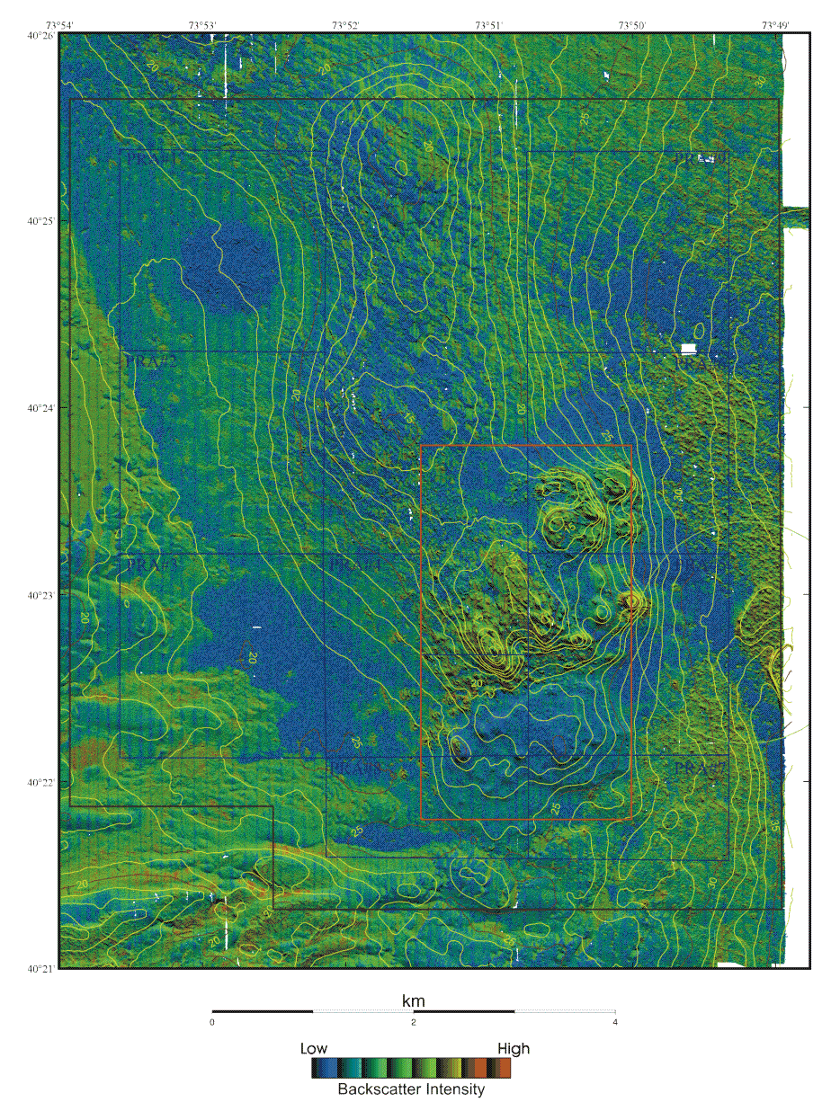 Figure 6c. Pseudo-colored Backscatter Intensity, Shaded Relief and Topography: Shaded relief draped with pseudo-colored backscatter intensity and depth contours displayed at 1 meter intervals for the 1998 survey. 