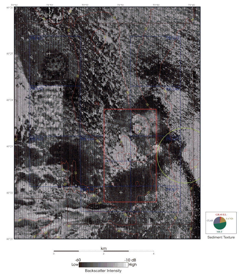 Figure 7b. Backscatter Intensity and Topography: Backscatter intensity and depth contours at 5 m intervals for the 2000 survey.