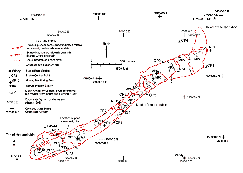 Figure 2. Active part of the Slumgullion landslide with structural elements, contours of mean annual movement, GPS base stations, control points, and monitoring points. Modified from Baum and Fleming (1996).