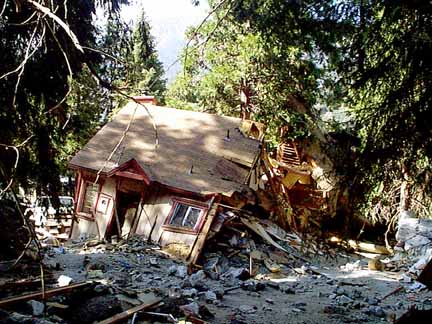 Damage to structures produced down fan on the east side of the 3rd(?) wave of the debris avalanche (from figure 52 of this report).
