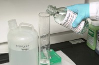 Add 1 part acid to 4 parts distilled water in the graduated cylinder and mix throughly with the glass rod.