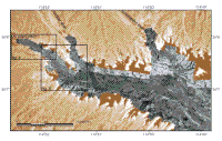 Figure 3. Sidescan sonar image of the northwestern part of Las Vegas Bay.  On this image, strong acoustic returns (high-backscatter) are shown by the white and light gray shades while weak acoustic returns (low-backscatter) are shown by black and dark gray shades.