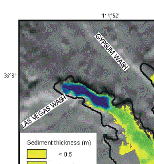 Figure 6.  Thickness of sediment that has accumulated in Las Vegas Bay since impoundment of Lake Mead. Sediment thicknesses are in meters.