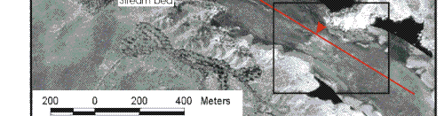 Figure 9.  Orthophotograph taken in 1996 when the lake was about 4-m lower than when this survey was conducted showing a stream and subaerial part of the delta.