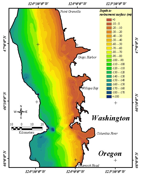 Figure 7. Map showing the ravinement and flooding surface that resulted from the integration of the datasets shown in Figure 2.