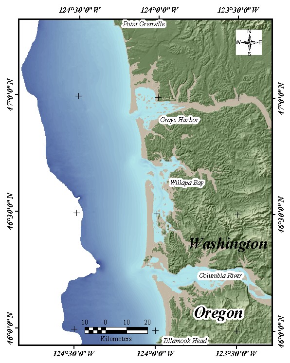 Figure 8.  Map showing the present day surface that was derived from integrating the on-land DEM compiled by the Washington State Department of Ecology