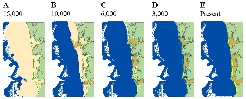 Figure 9. Maps showing the stages in the evolution of the coast within the Columbia River littoral cell from 15,000 years before present to the present.