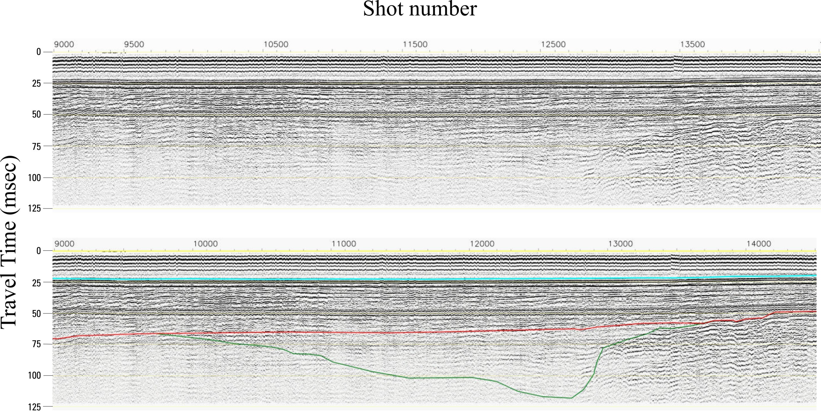 Figure 4. Uninterpreted and interpreted seismic profile on the continental shelf off the mouth of the Columbia River showing the three surfaces identified for this study.