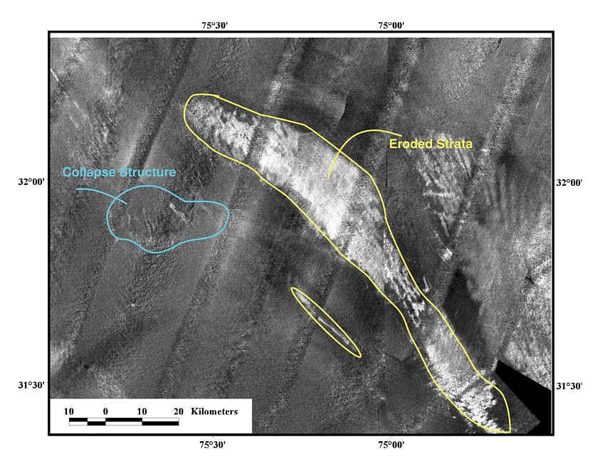 interpretation of Gloria image showing collapsed structure and eroded strata 