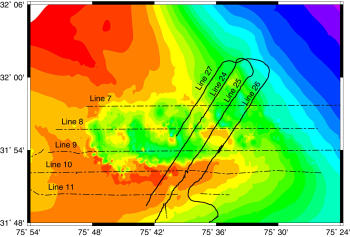 Map of collapse-feature bathymetry and locations of data tracklines.