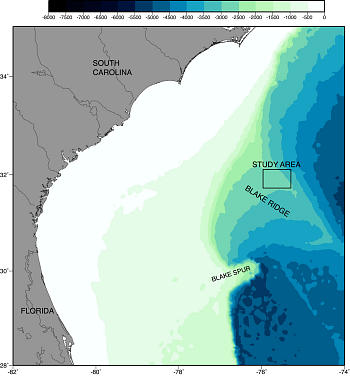 Map with U.S. coastline and offshore bathymetry showing location of study area on Blake Ridge.
