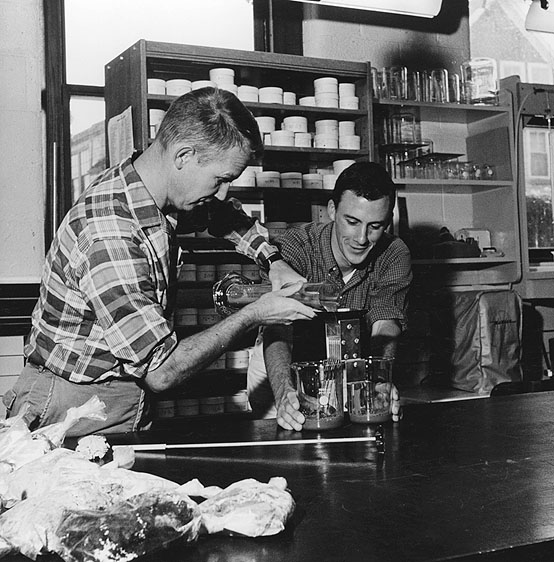Dr. John S. Schlee, USGS, (left) supervising studies in texture and stratigraphy on the Atlantic Continental Shelf and Slope project (WHOI-USGS) pours a sediment sample from a graduated cylinder into a sample splitter. He is assisted by Joseph R. Frothingham, Jr. of WHOI.