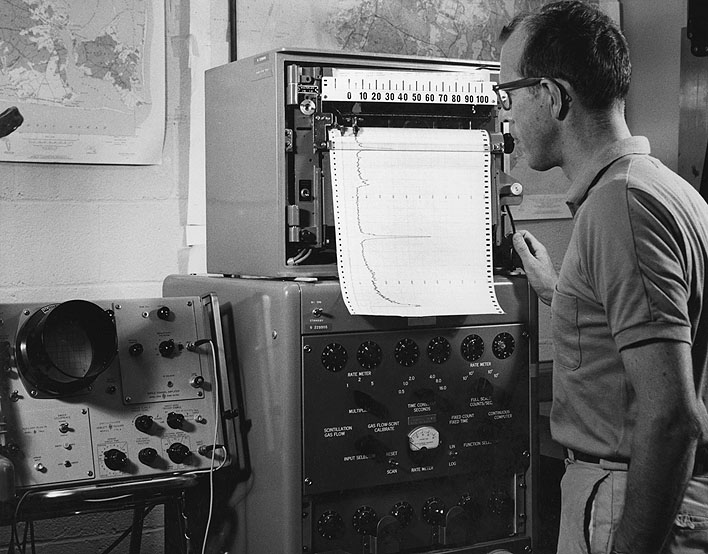 John C. Hathaway, USGS, studies the print-out sheet from the X-ray diffractor which reflects various mineral characteristics.  In his laboratory at the Woods Hole Oceanographic Institution, Hathaway analyses various minerals and sediments from the floor of the Atlantic continental Shelf and Slope - a project jointly undertaken by WHOI and the U.S. Geological Survey.