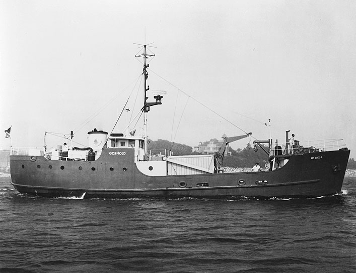 The Research Vessel GOSNOLD, owned and operated by the Woods Hole Oceanographic Institution, is used by members of the WHOI - USGS cooperative project in studies of the Atlantic Continental Shelf and Slope.  The converted Army freighter is about 99 feet in length and weighs 250 tons.  The vessel has a complement of 9 officers and crew and accomodations for about 8 scientists.  Most of the field investigations of the WHOI - USGS program have been carried out aboard the GOSNOLD.