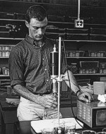 Joseph R. Frothingham, Jr. of WHOI uses a sonifier to break p samples from the ocean floor.
