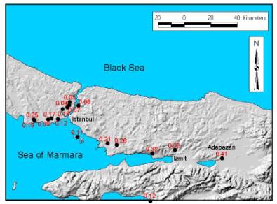 Map showing some of the peak

accelerations recorded for the 1999 Izmit and Duzce, Turkey earthquake