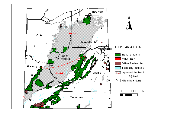 Map showing distribution of Federal lands and the extent of coal-bearing rocks in the northern and central Appalachian basin coal regions