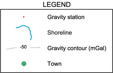 Image of Legend: showing Gravity Station, Shore Line, Gravity Contour mGal, and Town