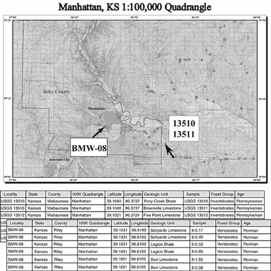 Manhattan, KS 1:100,000 Quadrangle Fossil Localities and examples of Locality Information Tables for two sites