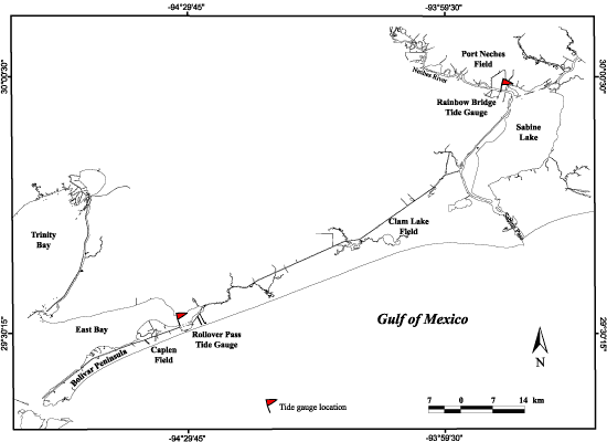 Map of the southeast Texas coast showing locations of oil and gas fields and tide gauges included in this study.
