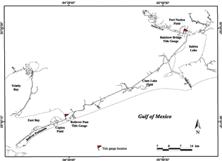 Map of the southeast Texas coast showing locations of oil and gas fields and tide gauges included in this study.